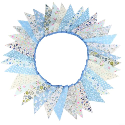 Vintage Floral Cotton Bunting Banner 33 Ft | with 36 Triangle Flags | for Wedding Birthday Baby Shower and Garden Party Decoration(Blue)