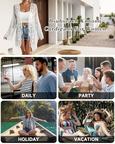 Bsubseach Womens Bathing Suit Cover Up Swimwear 2025 Back Cut Out Mesh Swimsuit Coverup Sheer Floral Beach Kimono Summer Cardigan(Cream White) - Image 2