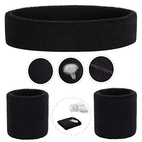 Image of ONUPGO Black Sweatband Set Cotton Headband Wristband Set Sweatbands Terry Cloth Wristband Wrist Sweatband Headbands Moisture Wicking Sweat Absorbing Head Band