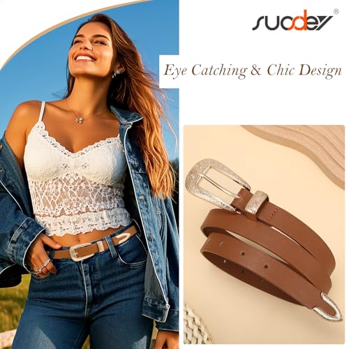 SUOSDEY Western Skinny Leather Belt for Women Carved Buckle, Ladies Waist Belt for Jeans Dresses,0.8" Width4