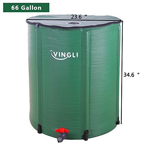 VINGLI 66 Gallon Collapsible Rain Barrel, Portable Water Storage Tank, Rainwater Collection System Downspout, Water Catcher Container with Filter Spigot Overflow Kit