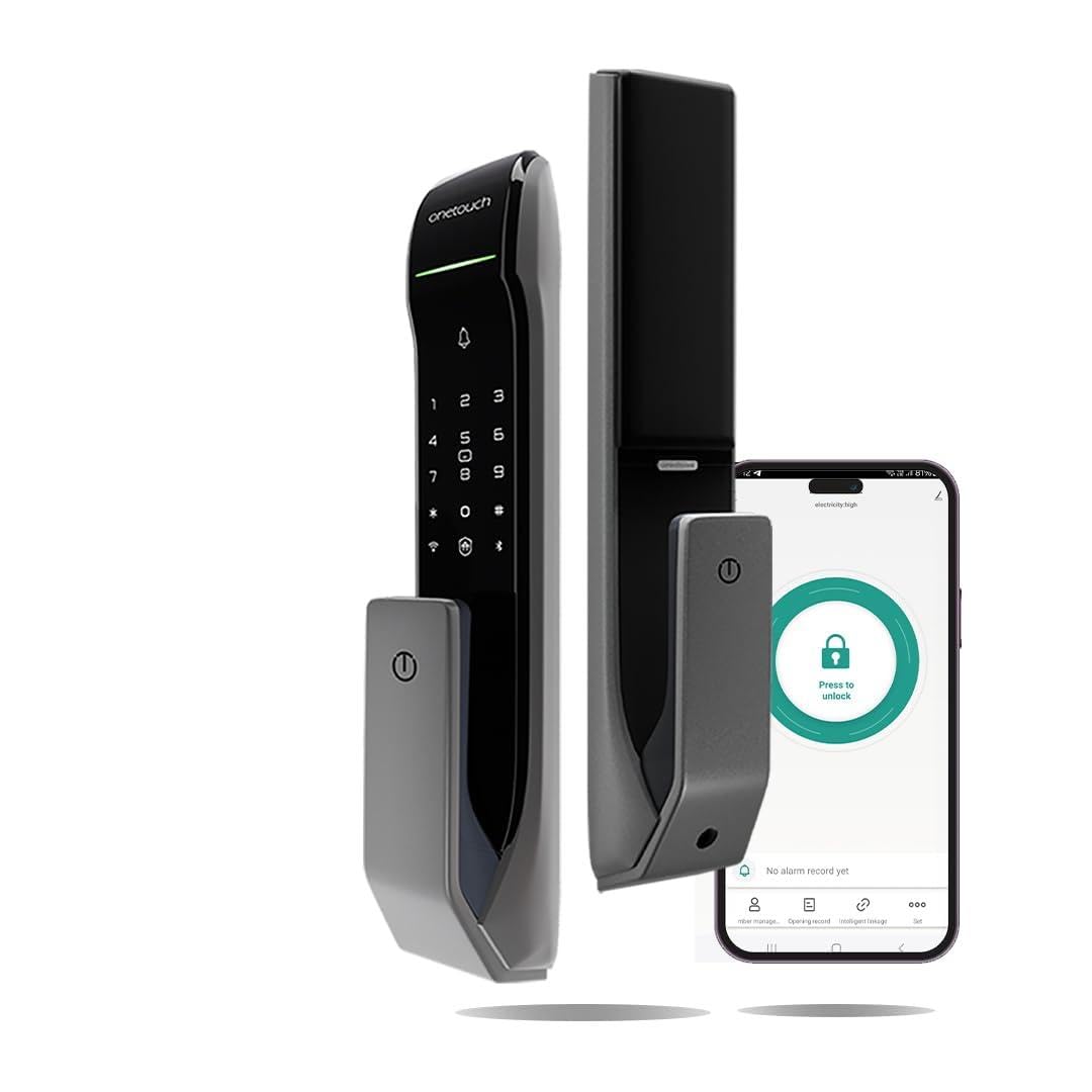 ONETOUCH Smart Digital Door Lock OT500 (BLE) | Fingerprint | Bluetooth Bridge | Mechanical Key | Free Installation | Strong Mortise SS304 | Electroplated Finish | Smartphone Integration (Black)