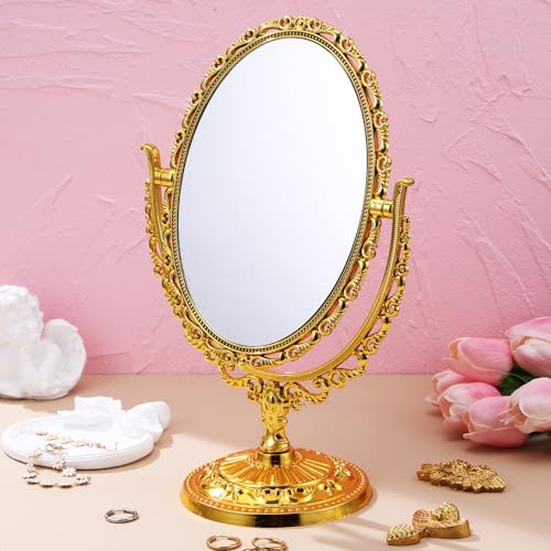 Espejo de tocador giratorio doble cara Hoement con elegante soporte de escritorio dorado 7