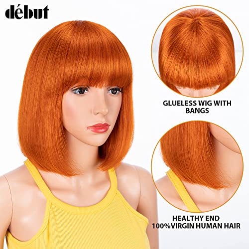 DÉBUT human hair Bob Wig with Bangs Short Straight Wigs for Women Pixie Cut 150% Density Brazilian Virgin Remy Hair(10 inches,S ORANGE) - Image 2