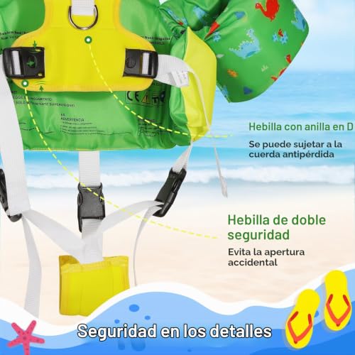 Miniatura 3 de Moko Chaleco Flotante De Natación Para Niños, Manguito Flotador Para Niños Con Correa Ajustable Para Niños De 20-50lbs, Flotador De Piscina Aprender A Nadar Piscina Playa, Dinosaurio Verde Amarillento