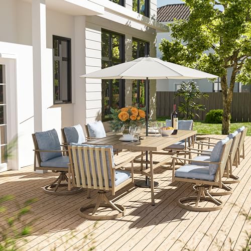 HAPPATIO 9-Piece Patio Dining Set for 8, Aluminum Outdoor Dining Set with Cushions, 8 Swivel Dining Chairs, 1 Large Rectangular Table with Umbrella Hole for Lawn, Porch, Backyard, Brown