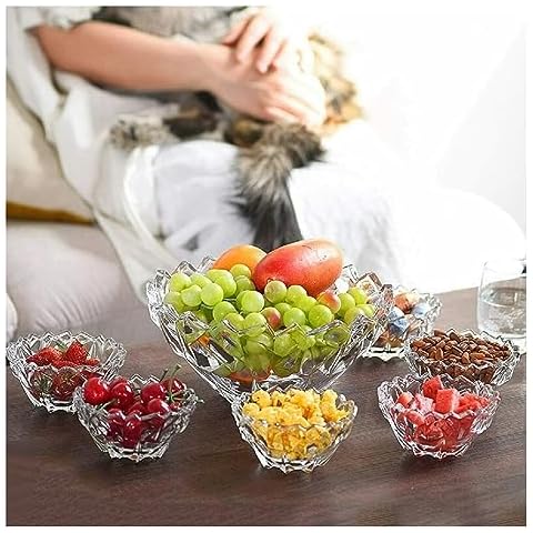 Khanary 7 Piece Glass Bowls Set Paris Decorative Round Glass Fruit Triffle Salad Bowls Trifle Dessert Bowls Sundae Ice Cream Crystal Look Dishes Appetiser Starter Prawn Cocktail Pudding Cover