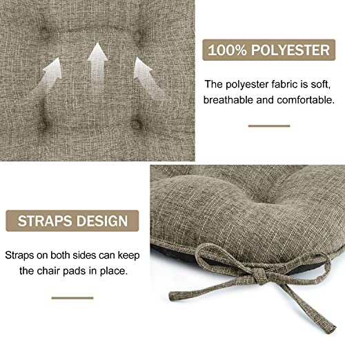 Downluxe Indoor Chair Cushions For Dining Chairs, Tufted Overstuffed Textured Memory Foam Kitchen Chair Pads With Ties And Non-Slip Backing, 15.5" X 15.5" X 4", Khaki, 4 Pack #TOP2
