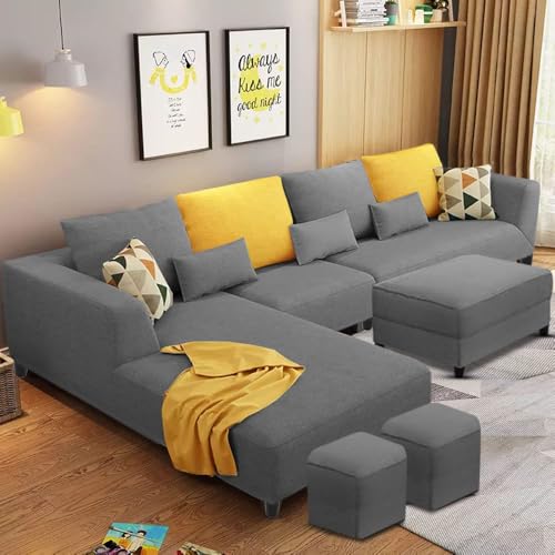 Image of Casaliving Minta 8 Seater L Shape Sofa Set with Ottoman & 2 Puffy for Living Room (8 Seater LHS, Dark Grey)