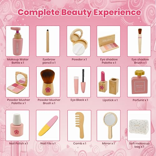 Image of WUDLY Wooden Makeup Toy Set for Girls, Lightweight Portable Play Beauty Kit with Soft Carry Bag, Safe Non-Toxic Wooden Cosmetic Accessories, Birthday Gift for Kids Age 3 4 5 6 7 8 Year Old