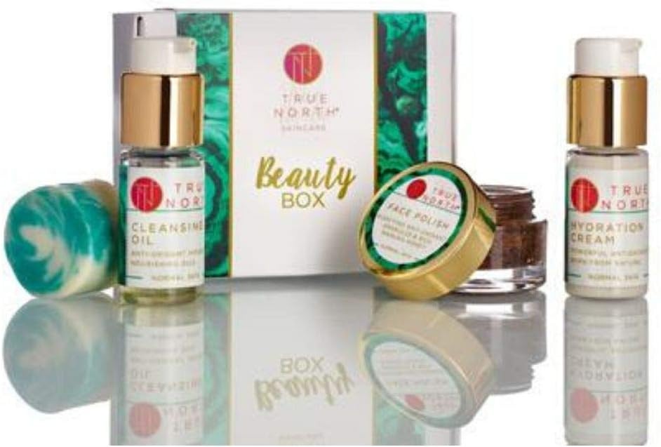 True North Beauty Box - Skincare Set Travel Size Solid Cleanser, Hydration Cream, Face Polish and Cleansing Oil with Chaga - Made with Natural and Organic Ingredients from Maine
