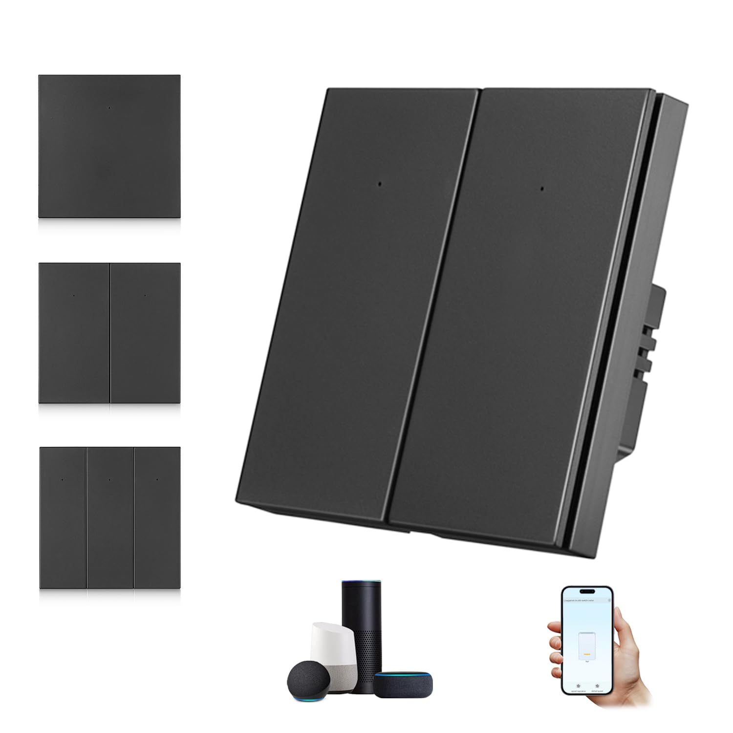 Makayuron WIFI Smart Light Switch, Push-button Light Switch, No Neutral Required, LED Backlight, Works with Alexa, Timer, Multi-Way Control by Smart Life/Tuya APP (Black 2 Gang)