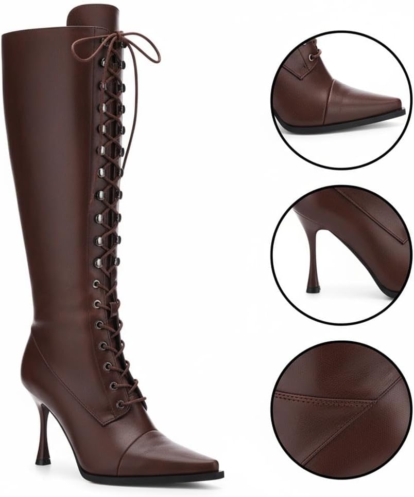 heelchic Stylish Women's Fashion Boots - Pointed Toe, High Heel, Adjustable Strap, Premium Full-Grain Leather, Knee-High