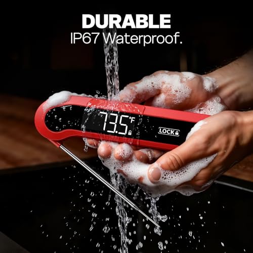 0.3 Sec Instant Read Thermometer for Cooking, IP67 Waterproof, Auto-Rotating Backlit Display, Red