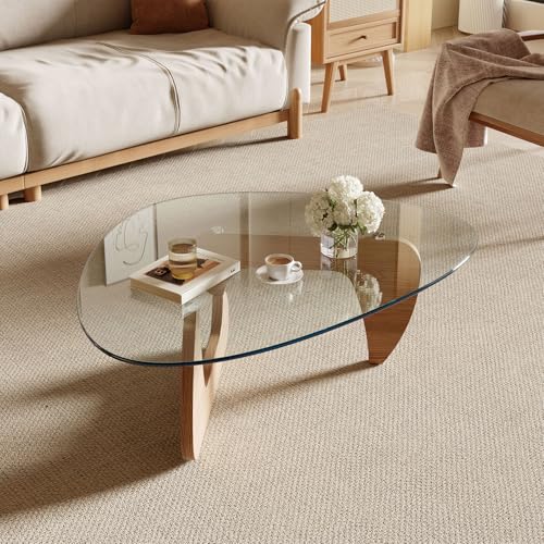 Image of Modern Coffee Table for Living Room and Small Spaces, 35.6 inch x 25.4 inch x 15.8 inch Triangle Tempered Glass Table Top and Solid Wood Base, Natural Wood