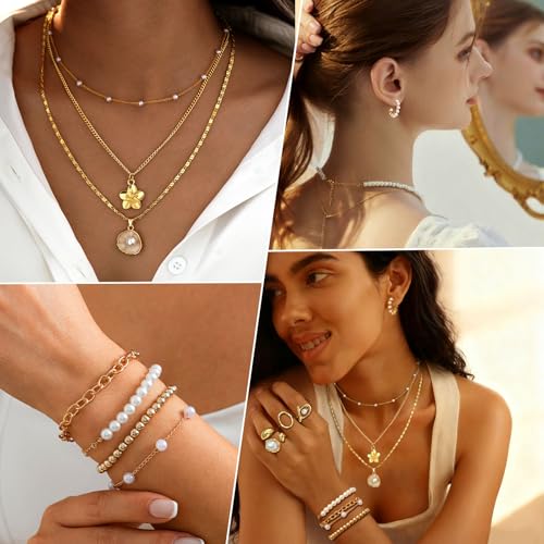 Image of CHICUTIE Gold Jewelry Set For Women,14k Gold Plated Multi Layer Necklaces Bracelets Hoop Earrings Set Stackable Knuckle Rings, Trendy Elegance Charms Non Tarnish Minimalist Textured Boho Jewelry Gift