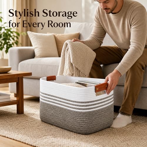 Image of Cotton Rope Laundry Basket Extra Large, 22.8GAL Collapsible Woven Storage Baskets for Living Room Kids Toys Stuffed Animal,Boho Rectangular Decorative Hamper for Dirty Clothes, Blankets Dark Brown