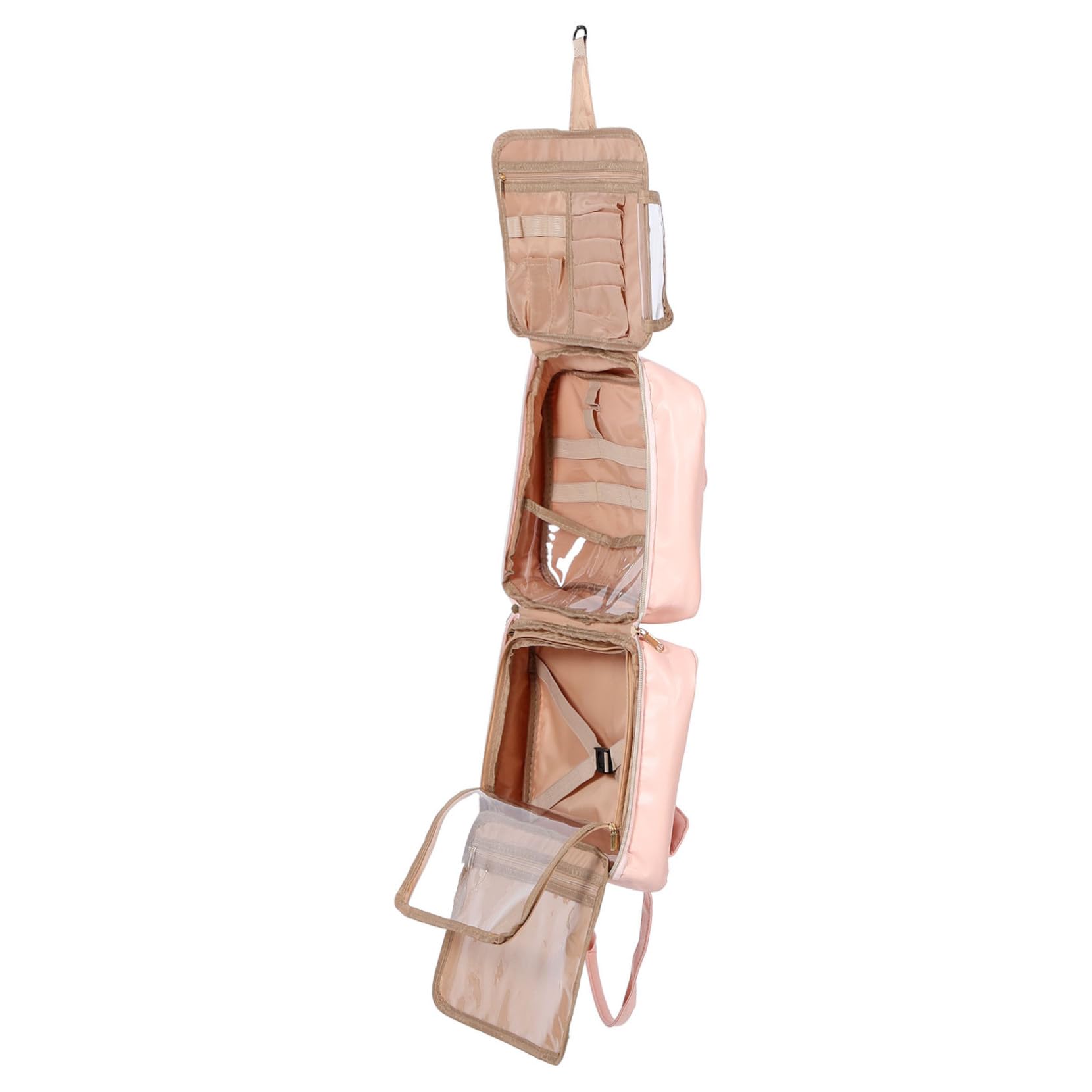 Borsa da Toilette da Viaggio Rosa in Pu Design Appeso | Capacità Ampia Scomparti Multipli e Tasche, Maniglia Integrata, per Uso Outdoor e Viaggio