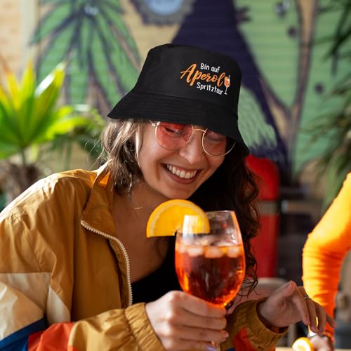 MEJOSER Aperol Geschenk Fischerhut Schwarz Sommerhut Spritztour Hut Aperoli Accessoires Anglerhut für Damen Herren Sommer Fasching Party