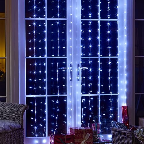 Image of Festive Lights - 2m x 1.6m Cool White Firefly Wire String Curtain Christmas Display - 339 LEDs, 8 Light Modes, Indoor Outdoor Use, IP44 Rated, Plug in Decoration, 5m Clear Cable, Window Backdrop