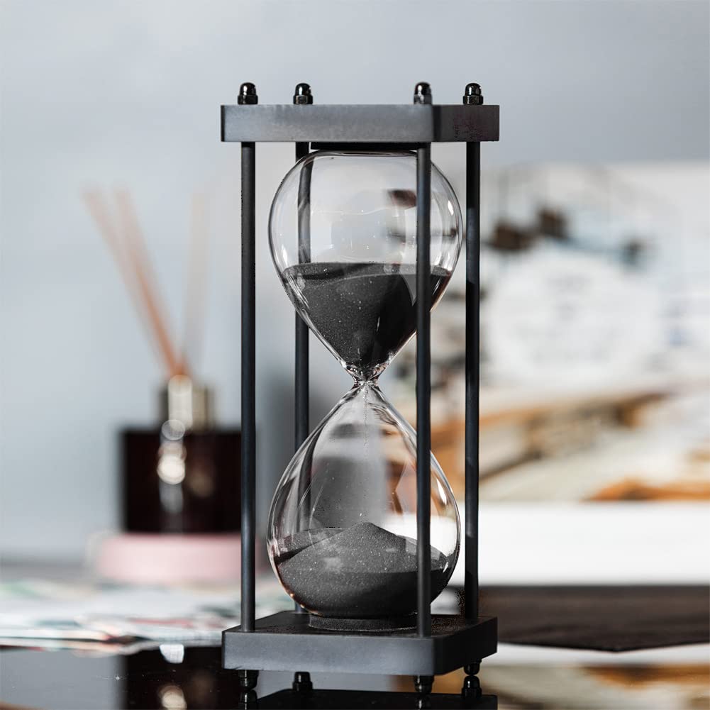 Large Hourglass Timer 60 Minute, Decorative Black Frame Sandglass with Black Sand