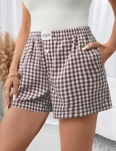 Image of LOMON Boxer Shorts for Women Summer Gingham Pajamas 2026 Lounge Sleep Pj Plaid Shorts Y2K Beach Bottoms with Pockets