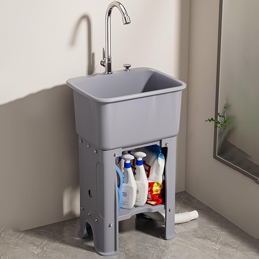 ZQFHSX Plastic Utility Sink - Free Standing Commercial Laundry with Faucet and Storage Shelves for Outdoor Garage Restaurant Kitchen