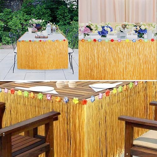 SALADOCY 2 Stück Hawaii Tischröcke, Luau Gras Tischrock, Hawaiian Party Dekorationen, mit Mehrfarbe Blumen, Sommer Tropische Garden Beach Party Hawaii Bar BBQ Dekoration