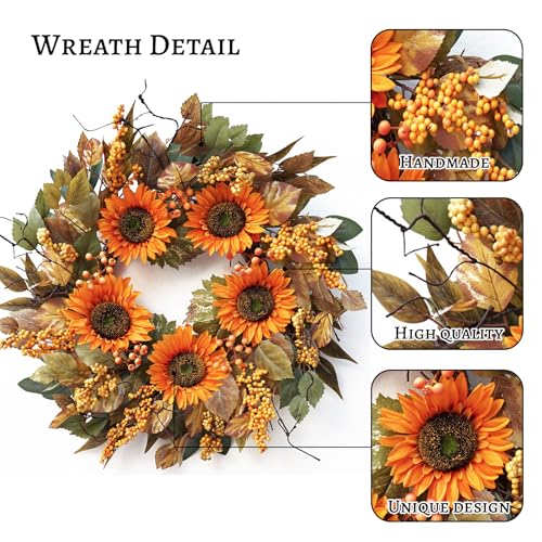 Pinkpuii P7F001 Fall Wreaths For Front Door 22 Inch- Artificial Silk Autumn Sunflower Wreath,Full&Realistic Fall Door Wreath thumb #1