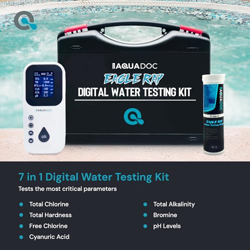 Eagle Ray Digital Water Testing Kit for Spa & Pool - Digital Hot Tub Water Tester by AquaDoc with Analyzer & Hot Tub Test Strips for Chlorine, Bromine, Total Hardness, pH and More