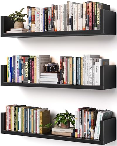 Image of Wall Bookshelf, Set of 3, U Shaped Floating Bookshelf, Hanging Bookshelves for Wall, Wall Mounted Shelves for Living Room Bedroom Office (Black, 17 Inches, 3)