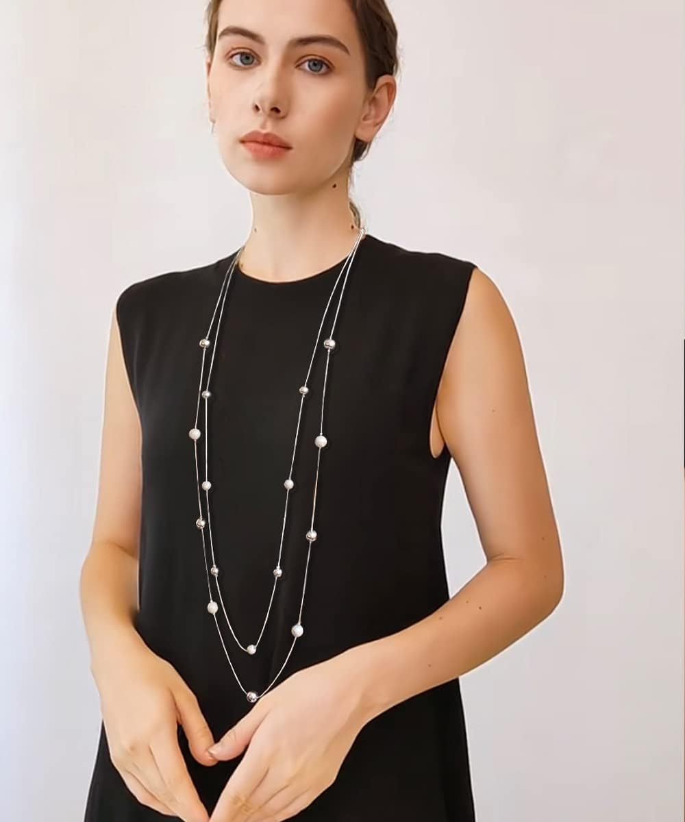 Silver Layered Long Necklace for Women Pearl Crystal Sweater Strand Chain Necklaces Fashion Gifts