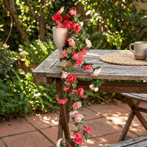 Image of Dekorly Artificial Hanging Garland with Pot - 100cm Rose Vine, 10cm Decorative Pot for Table, Shelf & Wall Decor (2)