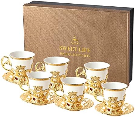 CMDHY Espresso Turkish Coffee Cups and Saucers for Women Tea Cups Set of 6 with Gift Box 2.8 Ounces (White-Golden)