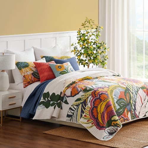Levtex Home - Grandiflora Garden Quilt Set - Twin Quilt (68x86in.) and One Standard Sham (20x26in.) - Floral - Orange, Red, Blue, Green and Yellow - Reversible - Cotton/Polyester