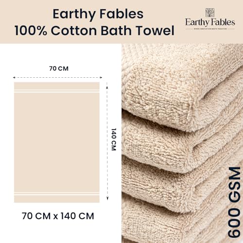 Image of Earthy Fables Premium Bath Towel - 100% Combed Cotton, 600 GSM, Ultra Soft, Quick Dry and Highly Absorbent for Home, Travel and Acne-Prone Skin, 140 x 70 cm, Beige