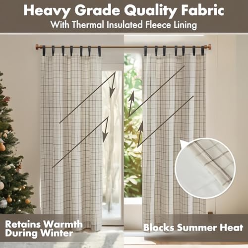 Image of Madison Park Anaheim Cabin Plaid Curtain Window, Thermal Insulated Fleece Lining, Living Room Decor Room Darkening Drape for Bedroom, 1-Single Panel Pack, 50x95 Faux Leather Tab Top, Natural