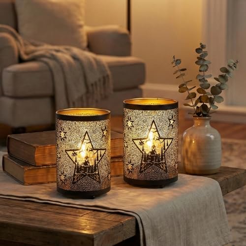 TRIROCKS Set of 2 Bronze Metal Battery Powered Table Etched Star Lamp Cordless Accent Light Lantern with Edison Style Bulb for Indoor Outdoor Weddings Parties Patio Events Gifts