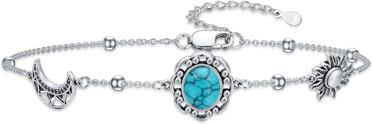 URONE Cactus/Sun and Moon Turquoise Bracelet Anklet Sterling Silver Boho Jewelry Gift for Women Girls