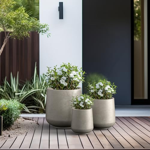 Image of Kante Set of 3 Weathered Concrete Curved Round Planters for Modern Home | Handcrafted, Premium, Durable, All-Weather Cement Pot, Drainage for Outdoor, Rubber Plug for Indoor Home, Anti-Frost & UV