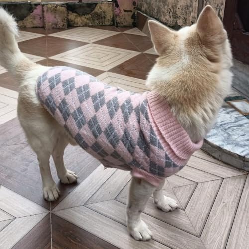 Image of Lulala Dog Sweater for Winter - Soft Pink and Grey Argyle Pattern, Warm Knit Sweater for Small to Medium Breeds, Cozy Dog Clothes