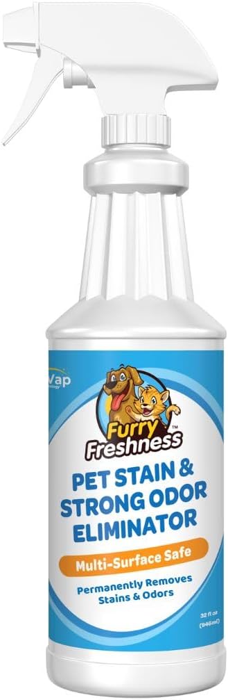 FurryFreshness Extra Strength Cat or Dog Pee Stain & Permanent Odor Remover + Smell Eliminator -Removes Stains From Pets & Kids Including Urine or Blood- Lifts Old Carpet Stains- 32oz Spray