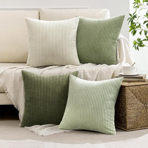 Image of MIULEE Boho Farmhouse Throw Pillow Covers 20x20 Inch Set of 4 Mordern Neutral Green Cushion Covers Soft Corduroy Nordic Home Decor for Spring Couch Bed Sofa Living Room Green-White