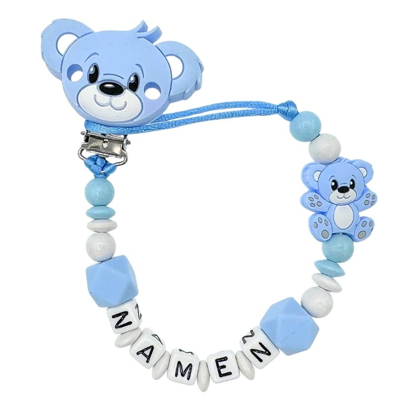 Nuckelkette mit Namen " 3D - BÄR/TEDDYBÄR " in verschiedenen Farben/Baby/Unisex/Personalisiert/HANDMADE (Babyblau Weiß)