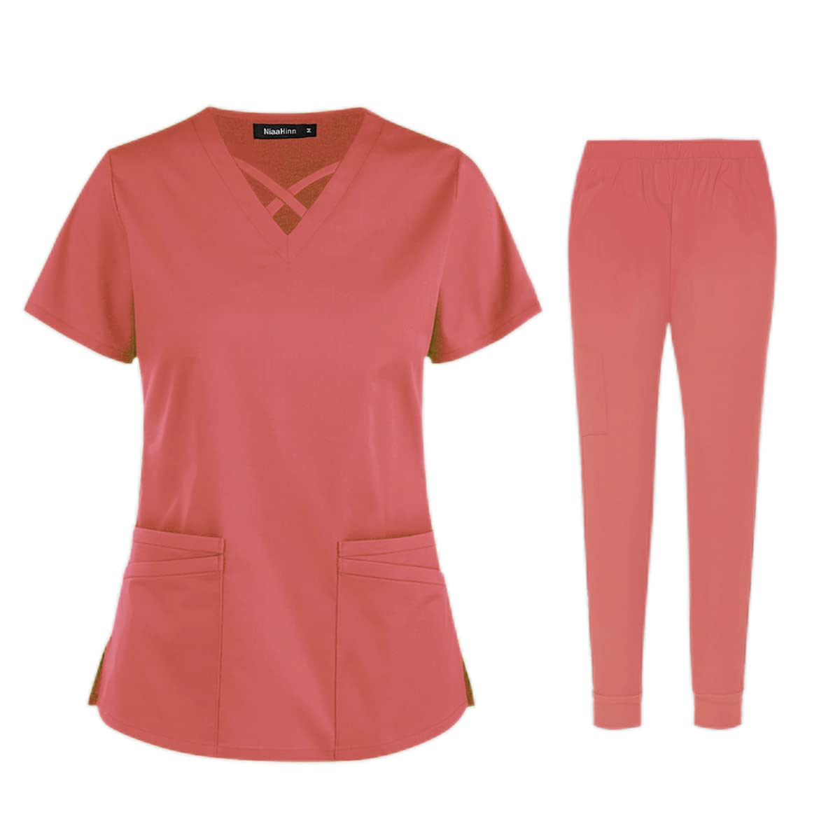 VIAOLI Scrubs Set for Women Joggers Elasticity Uniforms Hospital Doctor Workwear Clinic Non-Sticky Hair Scrubs Women Set (V42026LW-4-Orange red, M)