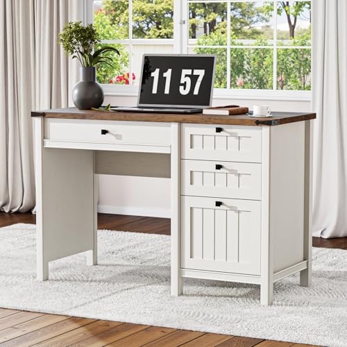 GlowVitaHome White Farmhouse Desk 45 Desk with Outlets & File Drawer