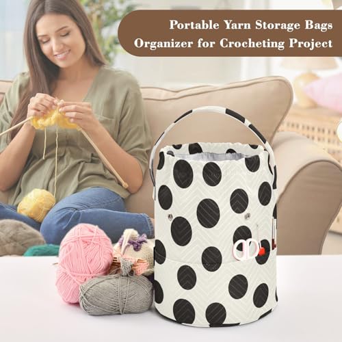 Image of Tatenale Crochet Bag Yarn Bag Knitting Project Bag with Pockets and Handle Portable Yarn Storage Organizer Tangle Free 8.3x11 Inch Black and White Polka Dots