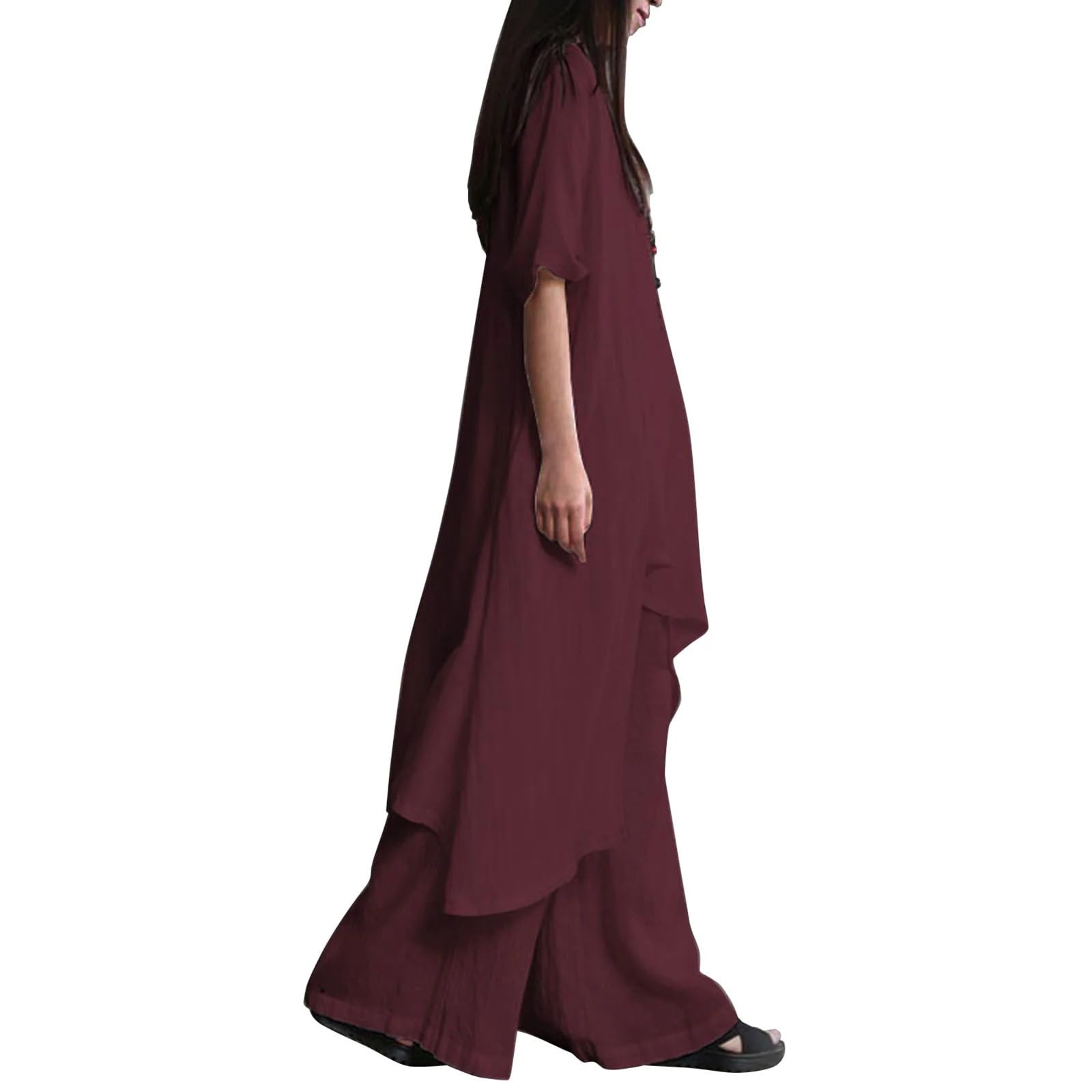 2 Piece Linen Sets for Women Dressy Casual Irregular Shirts Wide Leg Pants Elegant Pantsuits Fashion Lounge Set