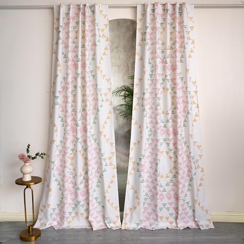 Image of Tranquebar Curtain Co. Window Curtains 5 Feet, 60-65% Room Darkening,Green-Pink Geometric Print, Cotton Curtains for Window, Cotton Curtains 5 Feet Long Set of 2,BackTab Loops,Aztec (152 cm)- Set of 2