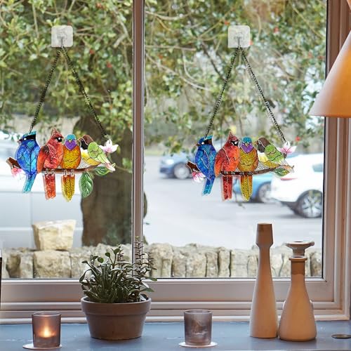 Image of DASTOLL 2 Pack Stained Glass Window Hanging - Hummingbird Decorations Suncatcher Hand-Painted Double Sided Birds on A Branch Sun Catcher for Window Home Decor Gifts for Mom,Bird Lovers